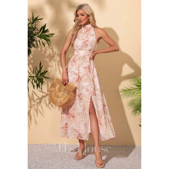 JJ's House Dresses & Skirts - JJ's House Pearl Pink Floral Chiffon Halter Maxi Dress A-Line Wedding Guest L